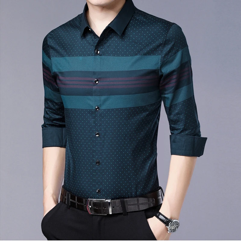 Social длинный рукав полосатый дизайнер Slim Fit винтажная мода Мужская рубашка платье