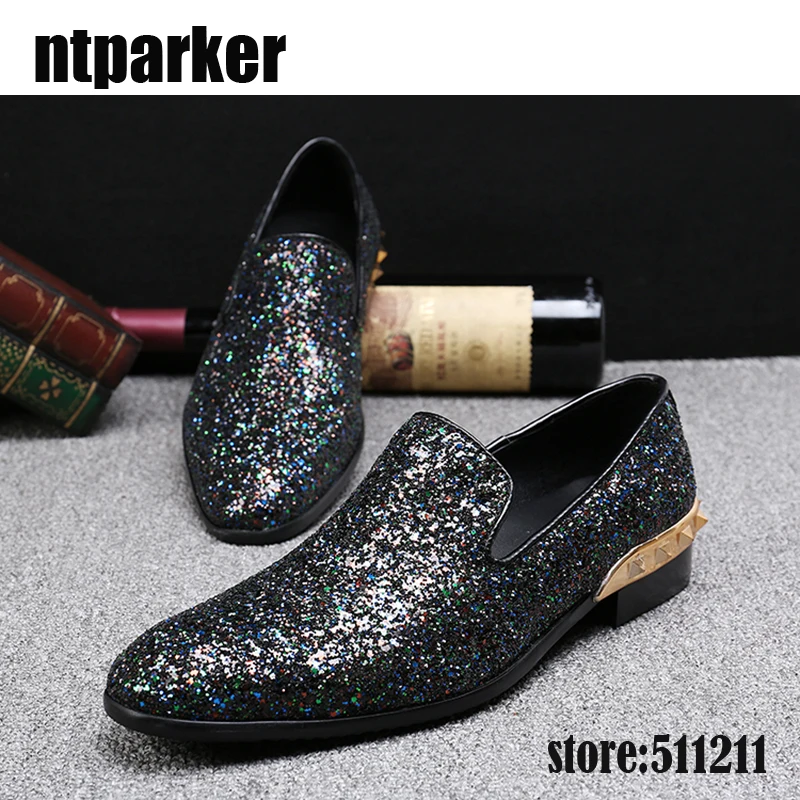 ntparker brand men italian Style leather shoes dress Pointed toe sapatos homens wedding Flats Black Blue Rhinestones | Обувь