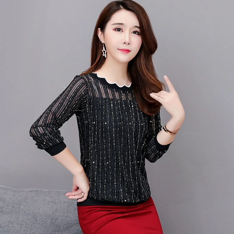 Dingaozlz M-3XL,, осенняя женская рубашка, плюс размер, сетчатые топы, blusas femininas, Элегантная блузка с принтом - Цвет: black