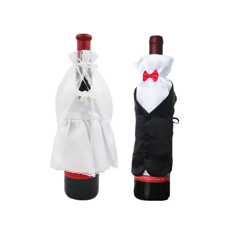 1 Set Groom and bride dress bottle Red Wine decoration champagne clothes wine sets Wedding Party Events DIY Decor 40%off | Дом и сад
