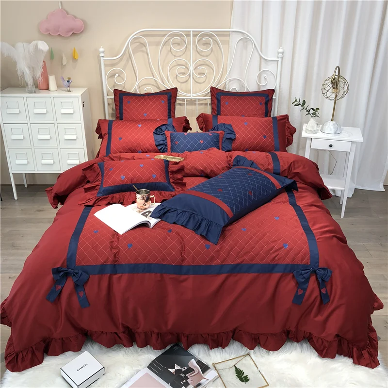 

Luxury Egypt Cotton Sweet love Bedding Set Embroidery Ruffles Duvet cover Bed Sheet Pillowcases Queen King Size 4/6/7Pcs