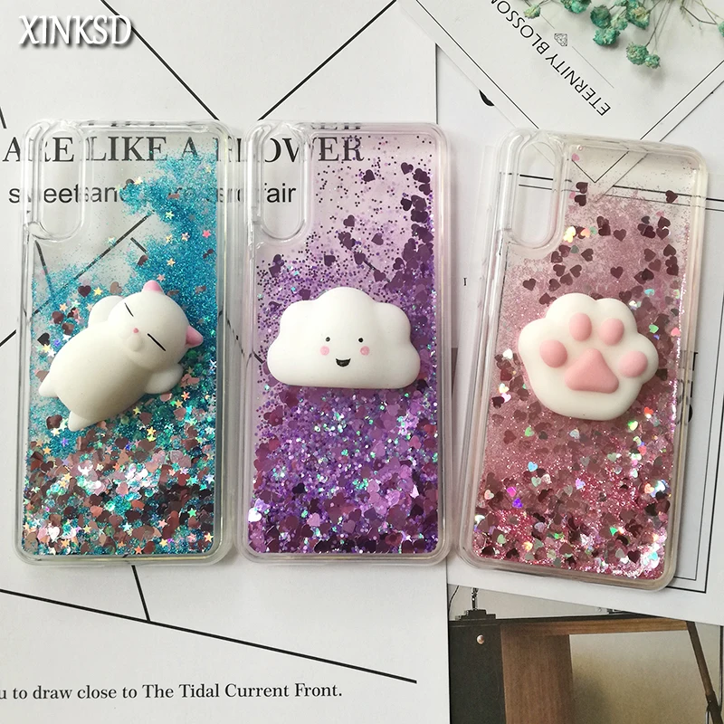 Симпатичный 3D мягкий чехол с котом для Huawei P30 P20 pro P8 P9 lite P10 Plus жидкими блестками
