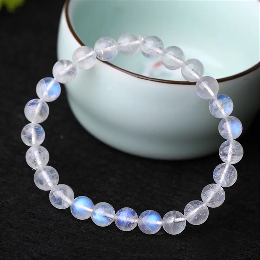 6mm 7mm 8mm Healing Crystal Round Bead Bracelets For Women Lady Stretch Genuine Rainbow Lights Natural Moonstone Bracelet | Украшения и