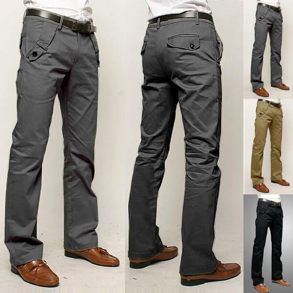 Для Мужчин's бизнес прямые брюки для девочек Slim Fit плюс размеры офис сплошной цвет брюки с большим количеством карманов Кнопка работы повседневные штаны