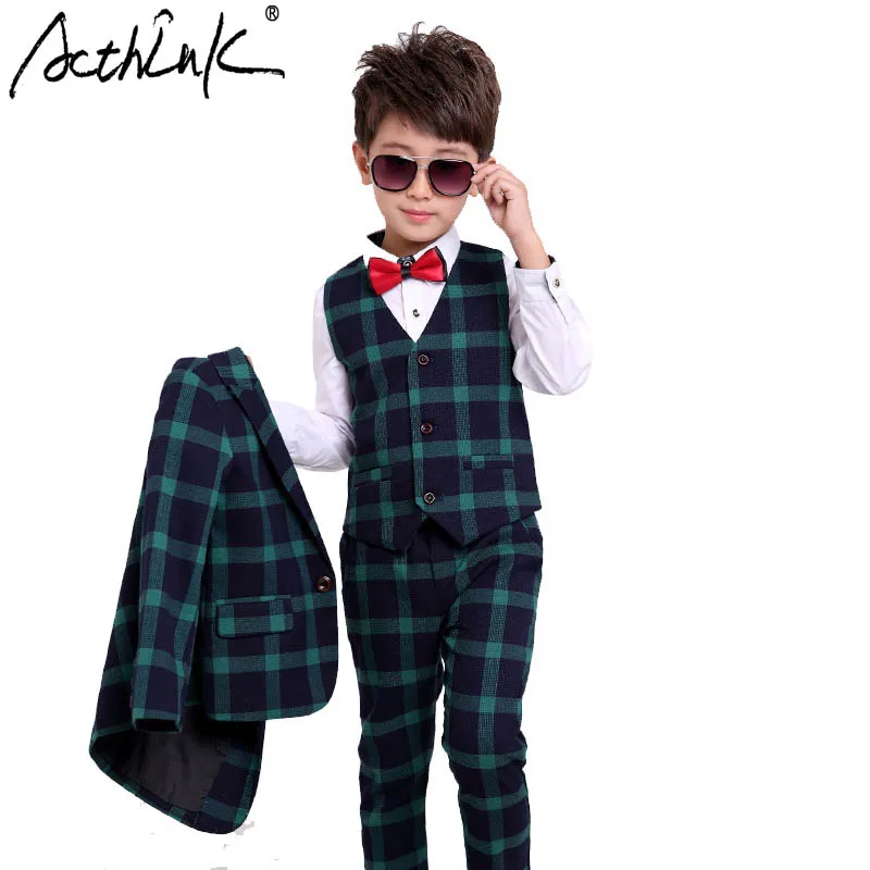 ActhInK New England-Style Young Boys Plaid Suits for Wedding Soft and Comfortable Single Button 3pcs Set Suit with Bow Tie TC126 | Детская