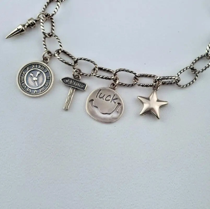

Pure silver S925 Silver Jewelry vintage star smiley luck link chain bracelet (YRT)
