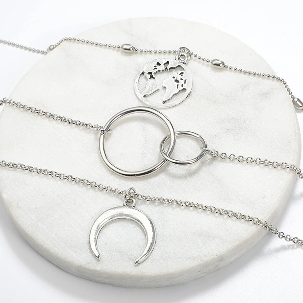 Женская мода Ретро Луна карта мира круг кулон многослойный серебряный ожерелье