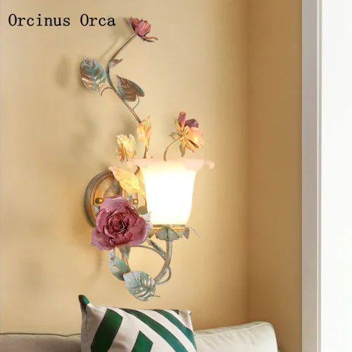 

Korean Pastoral Flower Wall Lamp Living Room Corridor Bedside Lamp European Romantic LED Pink Rose Wall Lamp