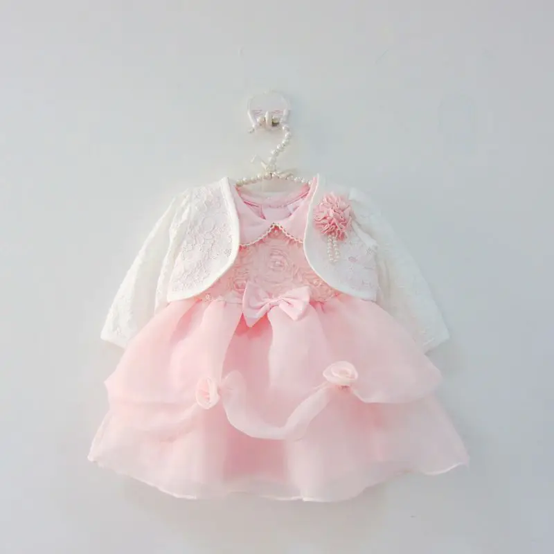 Розовое платье с лепестками для крещения малышей кружевное принцессы жакетом на