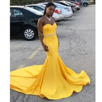 Stunning Bright Yellow Mermaid Evening Dresses Sweetheart Rhinestone Belt Celebrity Gown Sweep Train Satin Red Carpet Dress 2019