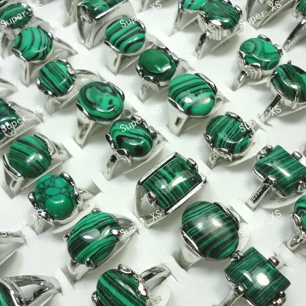 15 sztuk cała biżuteria hurtowo dużo Mix zielony malachit kamień srebrny pozłacany pierścień dla kobiet mężczyzn biżuteria darmowa wysyłka LR524