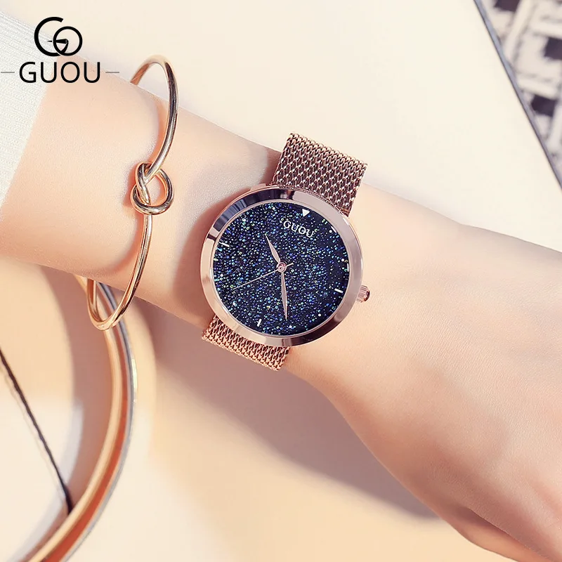 Luxury GUOU Pretty Bling Stars Full Stainless Steel Quartz Wristwatches Wrist Watch Bracelet for Women Ladies Girls Rose Gold | Наручные