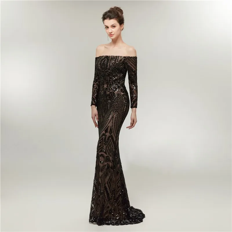 Vivian's Bridal 2018 Черное Вечернее Платье макси с вырезом лодочкой пикантный узор