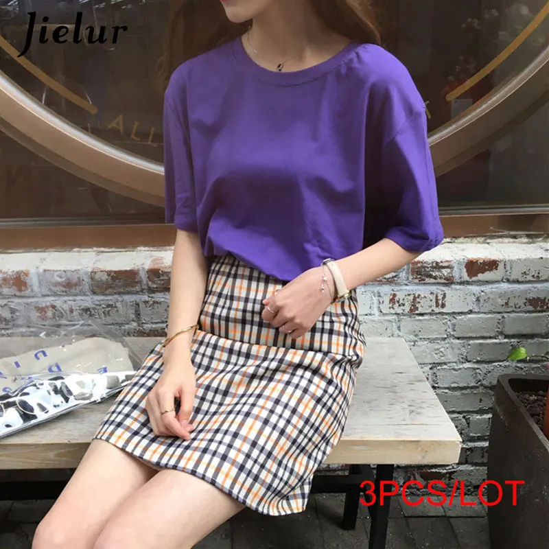 Dark purple Jielur 3 шт./лот футболки Женский 15 цветов основные Повседневное с О-образным вырезом Женская Футболка harajuku летний топ короткий рукав белая футболка S-XL - Цвет: Dark purple