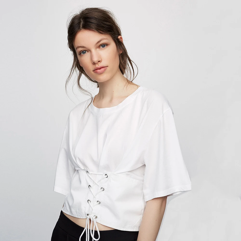 Sheinnet 2017 Solid White Brief Women T-Shirt Lace Up Preppy Chic Crop Tops O-Neck Casual Loose Female Summer Top Tees | Женская одежда