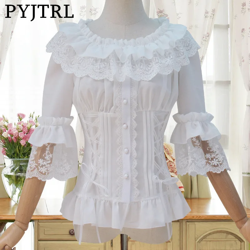 Женская кружевная блузка PYJTRL белая облегающая с рукавом 1/2|women shirts|white lace blouselace blouse