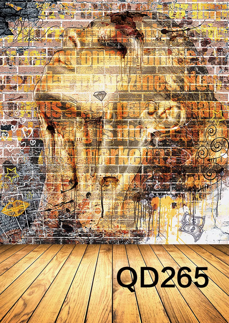 LB женское лицо окрашенные на граффити кирпичной стене деревянный пол текстура