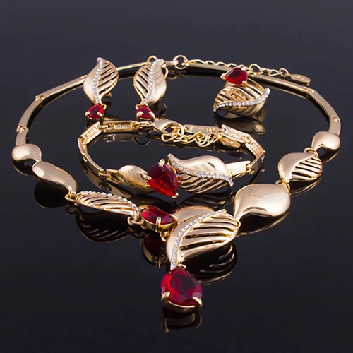 2015 Wedding Gift Leaf Red Crystal Drop Choker Necklace Bracelet Ring Earrings Set | Украшения и аксессуары