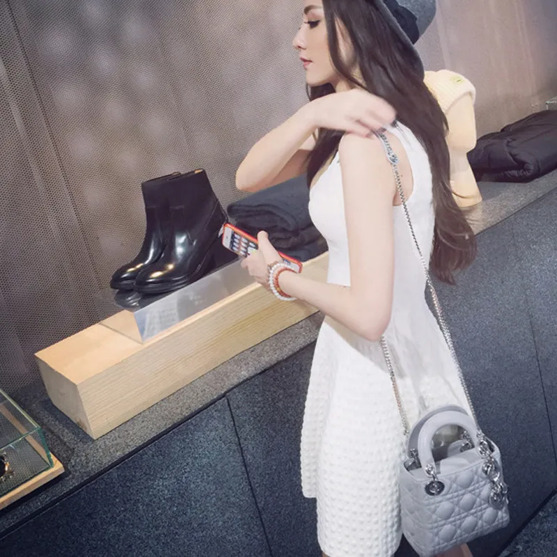 UHYTGF Summer Dress Women New 2019 Fashion A-line Short white Cute Party Sleeveless V neck Casual knitting Dresses64 | Женская одежда