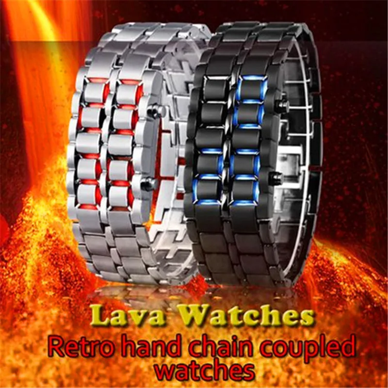 Модные светодиодные часы для мужчин и женщин Lava Iron Samurai металлический светодиодный Безликий браслет часы наручные часы полностью стальной огонь цифровые часы