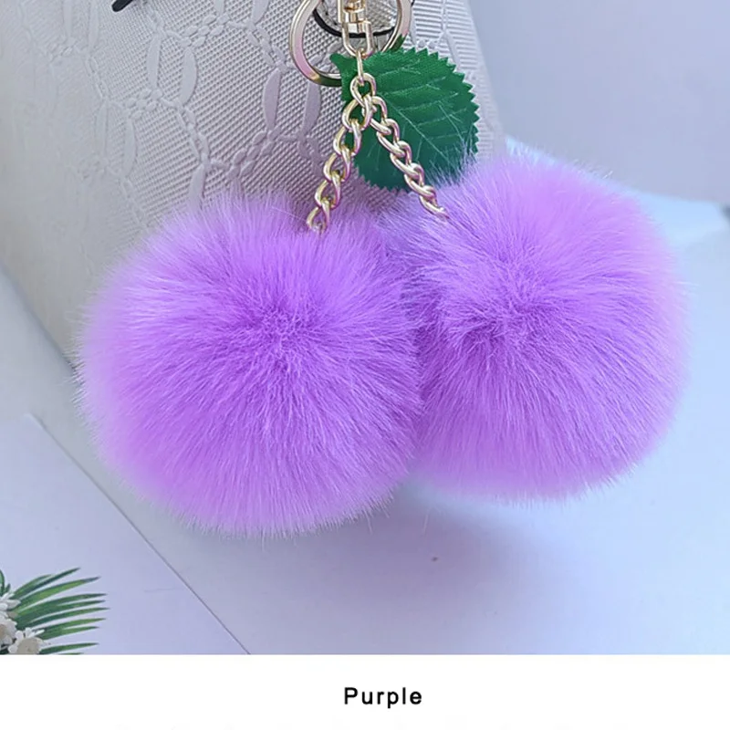 Purple Корейская мода двойной пушистый шарик-помпон брелок конфетного цвета брелок-вишня для сумки автомобиля женщин искусственный мех кролика брелок - Цвет: Purple