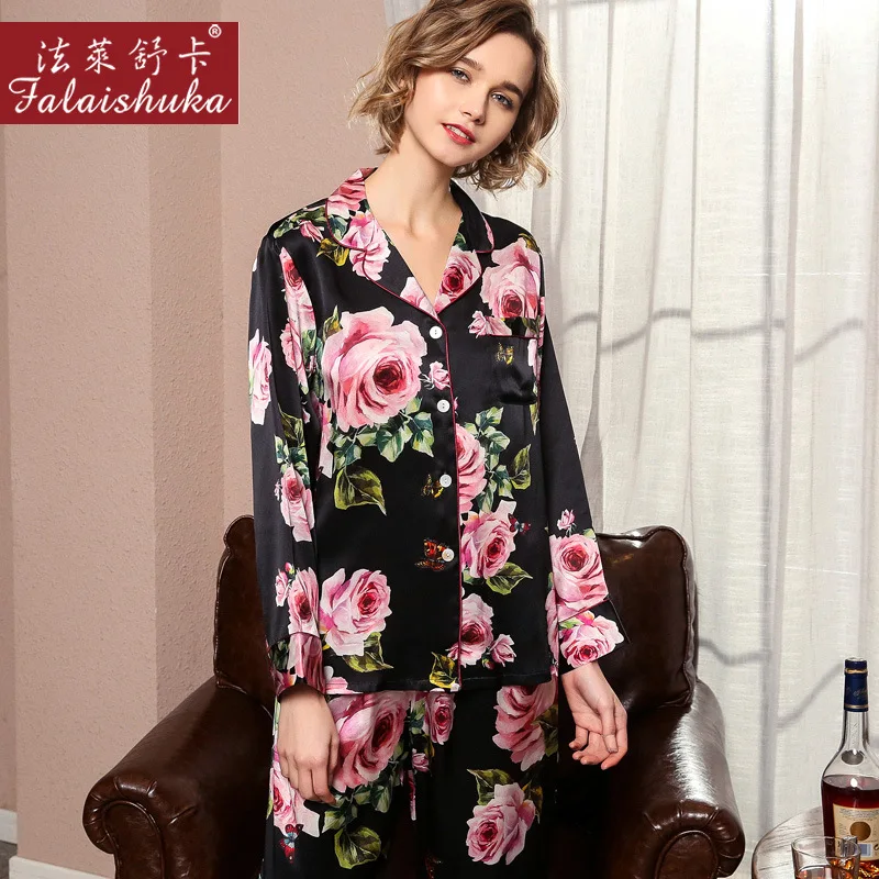 New 100% mulberry silk pajamas sets women summer sexy black flower elegant long sleeves pure genuine silk womens pyjamas