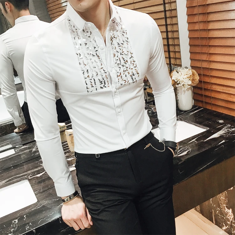 Новинка 2017 года корейский бренд моды блесток Slim Fit Для мужчин S Кружевная рубашка