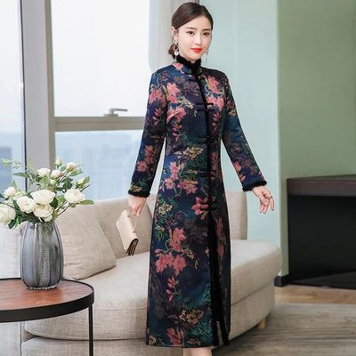 Ципао в китайском стиле Харадзюку, Женское пальто, винтажная длинная куртка с вышивкой, костюм Тан, зимняя верхняя одежда для женщин, женская модель FF1729