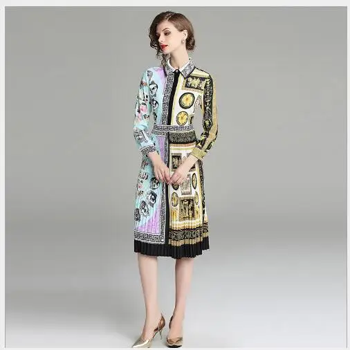 Women Dress 2019 New Spring Turn Down Collar Contrast Color Printing Female Fashion Casual Long Sleeve Slim A-Line | Женская одежда