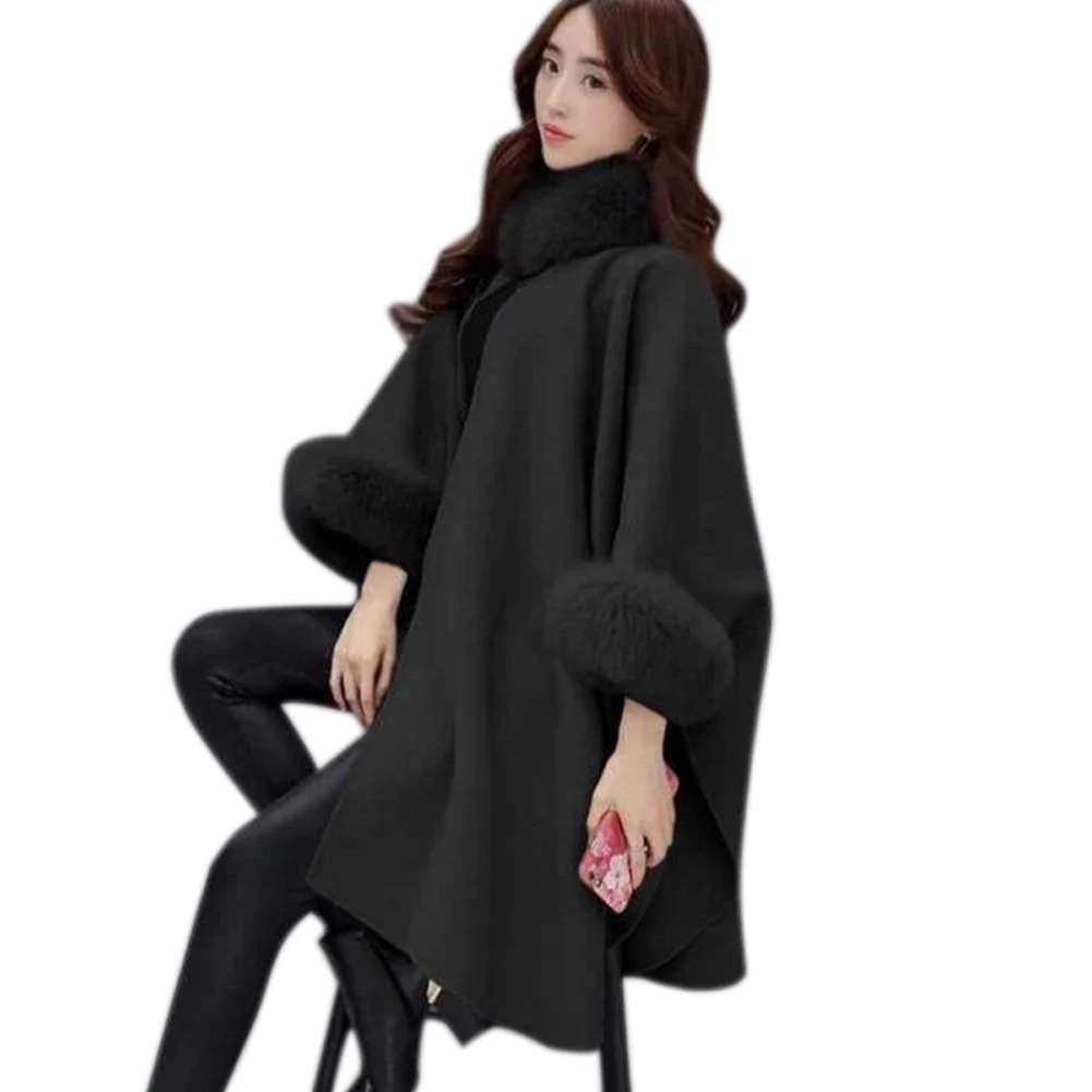 Черный Новое Женское зимнее шерстяное пальто с меховым воротником, Свободный плащ с неровным подолом - Цвет: Черный