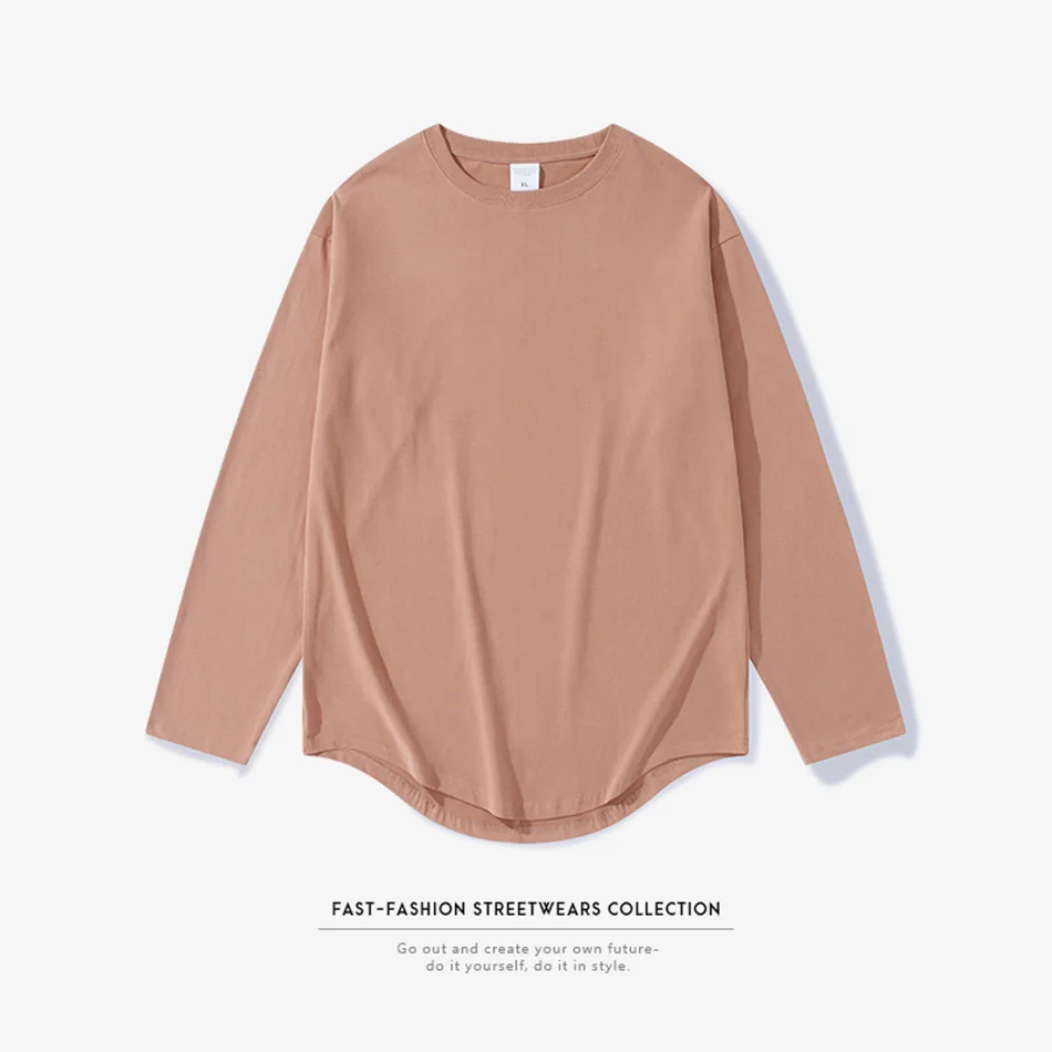 5 Color New Tide Cotton Oversize Men's T-shirt Round Neck Long Sleeve Curved Hem Loose T Shirts Black White High Street T-Shirts | Мужская