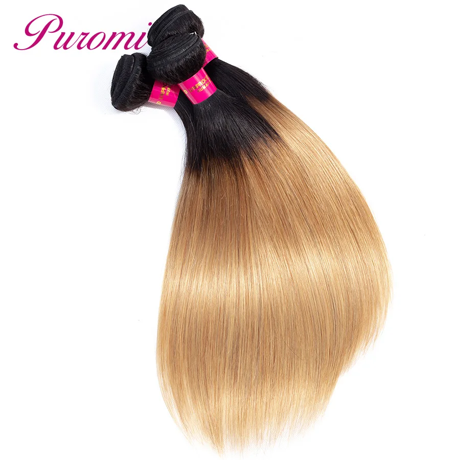 Puromi Ombre Пучки Волос Honey Blonde T1b/27 перуанский 3 Связки прямые волосы человеческих