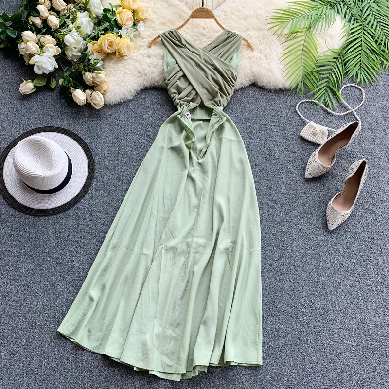 Женское платье с перекрестными ремешками однотонное Сетчатое круглым вырезом