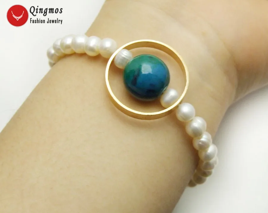 

Qingmos Natural White Pearl Bracelets for Women with 6-7mm Round Pearl & 14mm Green Chrysocolla Bracelet Fine Jewelry 7.5'' b456