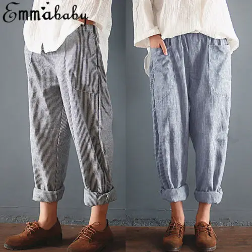 Модные полосатые женские летние хлопковые шаровары Boho Pantalon длинные брюки с