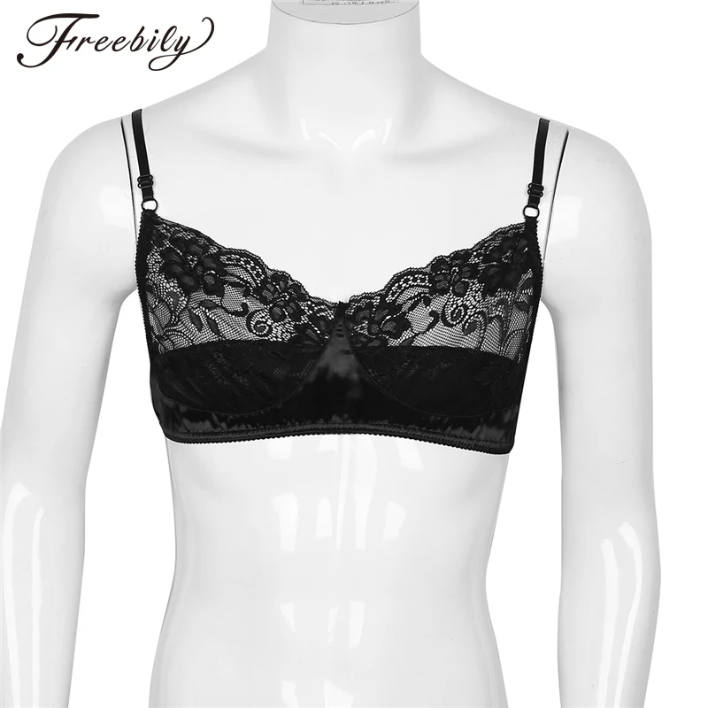 

Gay Mens Exotic Tanks Adjustable Spaghetti Straps Soft Floral Lace Satin Lingerie Wire-free No Pad Bra Top Breathable Bralette