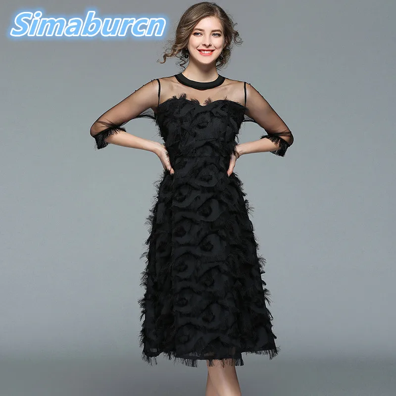 Женское Повседневное платье с бахромой и перьями черные кружевные сетчатые