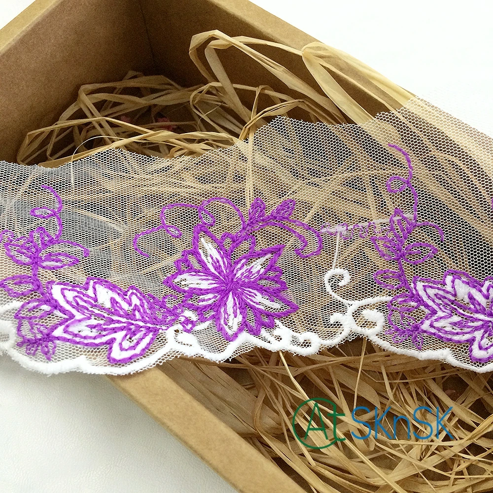 

500 yards/ lot wholesale 8cm Width elegant purple flower mesh lace french lace fabric clothes accessory embroidered lace ribbon
