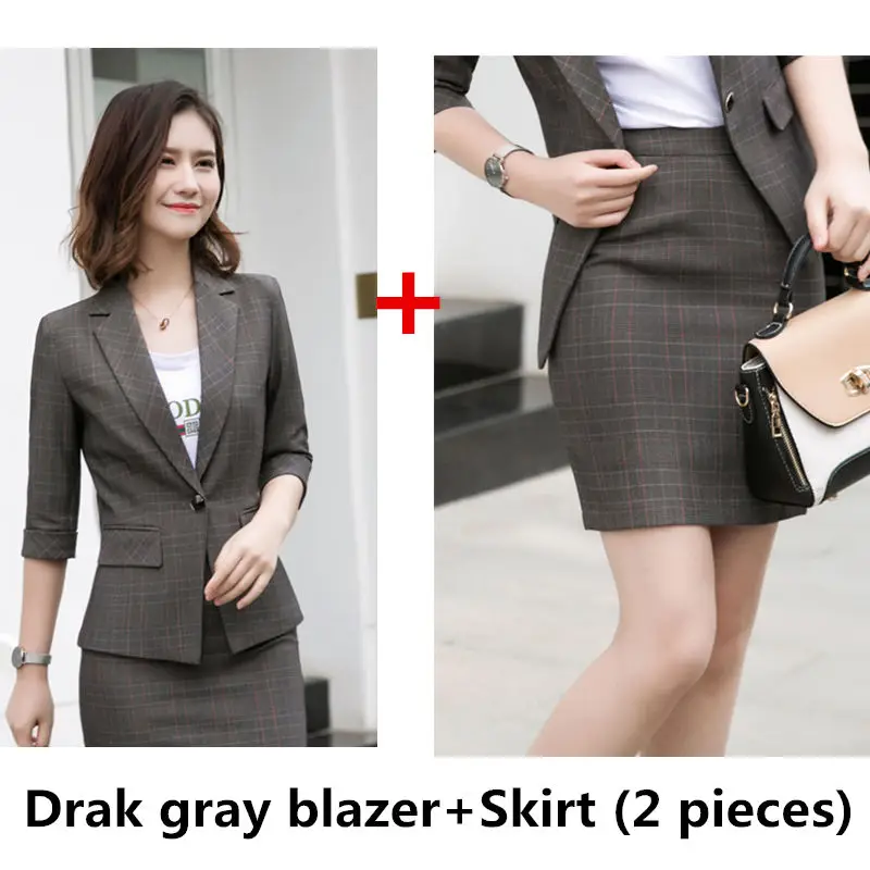 Darkgray coat skirt Dushicolorful весна лето женские костюмы комплект из двух предметов клетчатый Блейзер шорты размера плюс Формальные Деловые женские офисные брюки костюм набор - Цвет: Darkgray coat skirt