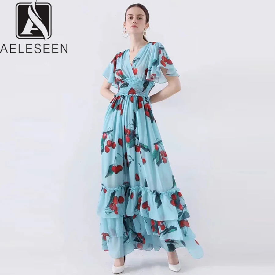 Женское длинное платье AELESEEN элегантное голубое небо с каскадными оборками