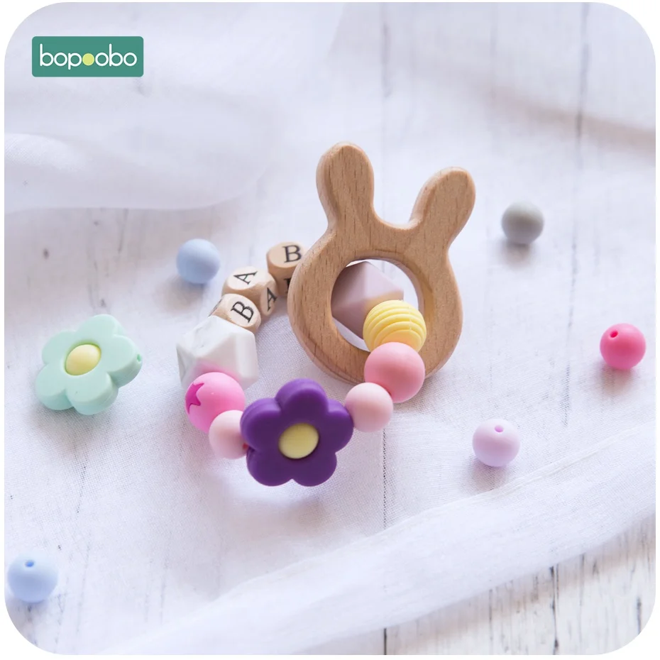 Bopoobo 1 шт. Beech Animal браслет для прорезывающихся зубов персонализированные Индивидуальные Детские имя силиконовые в форме цветка деревянные погремушки милые игрушки "Кролик" кольцо