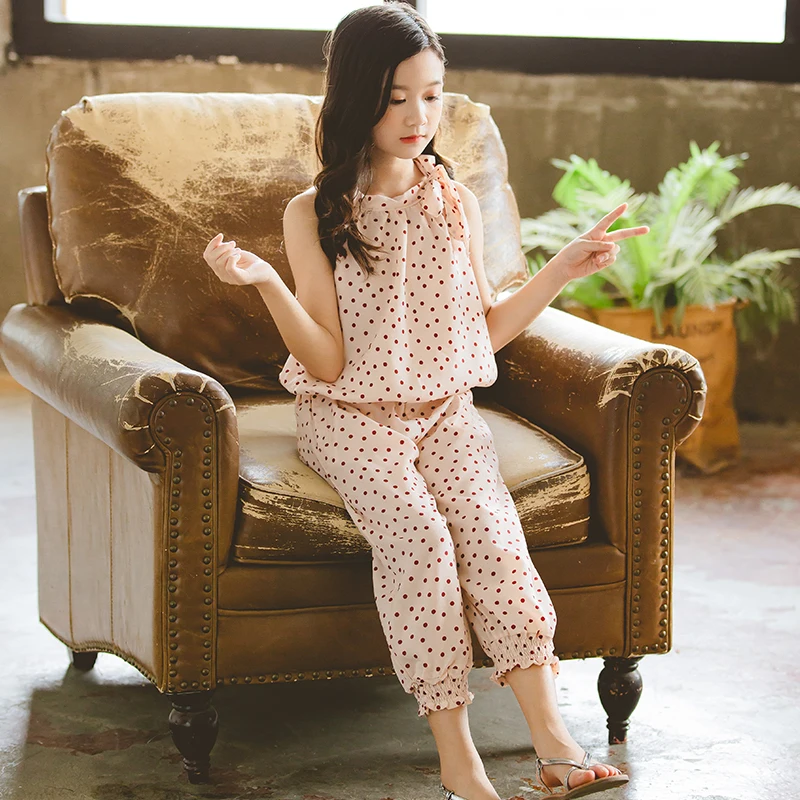 Комплект одежды в горошек для девочек розовая и черная футболка без рукавов топы