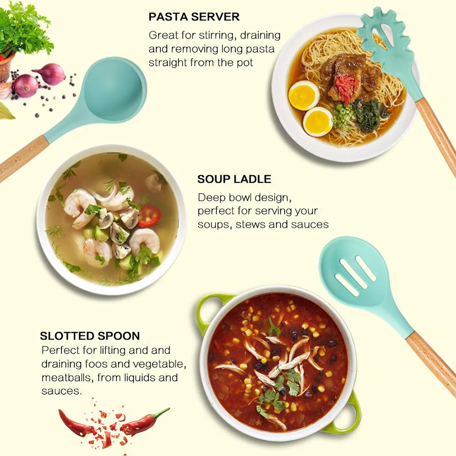 Силиконовая кухонная утварь, кухонная утварь, акация деревянный кухонный инструмент для антипригарной посуды-лучшие Кухонные гаджеты