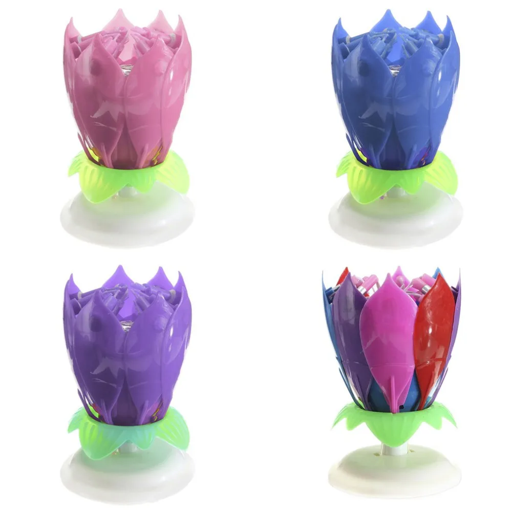 Romantic Birthday Candle 14 Musical Spinning Lotus Flower Candles Rotating Party Festival Gift Light Pink/Blue/Purple/Colorful |