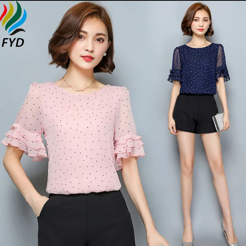 New 2017 Polka Dot Chiffon Women Blouses Shirts Short Sleeve Ruffles Summer Plus Size 3XL Woman Clothing Brand Tops |
