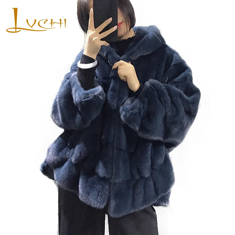 

LVCHI Winter 2019 Full Pelt Mink Fur Coat Women's Full Sleeve Fur Coat Causal With Fur Hood Wave Cut Slim Loss Short Mink Coats