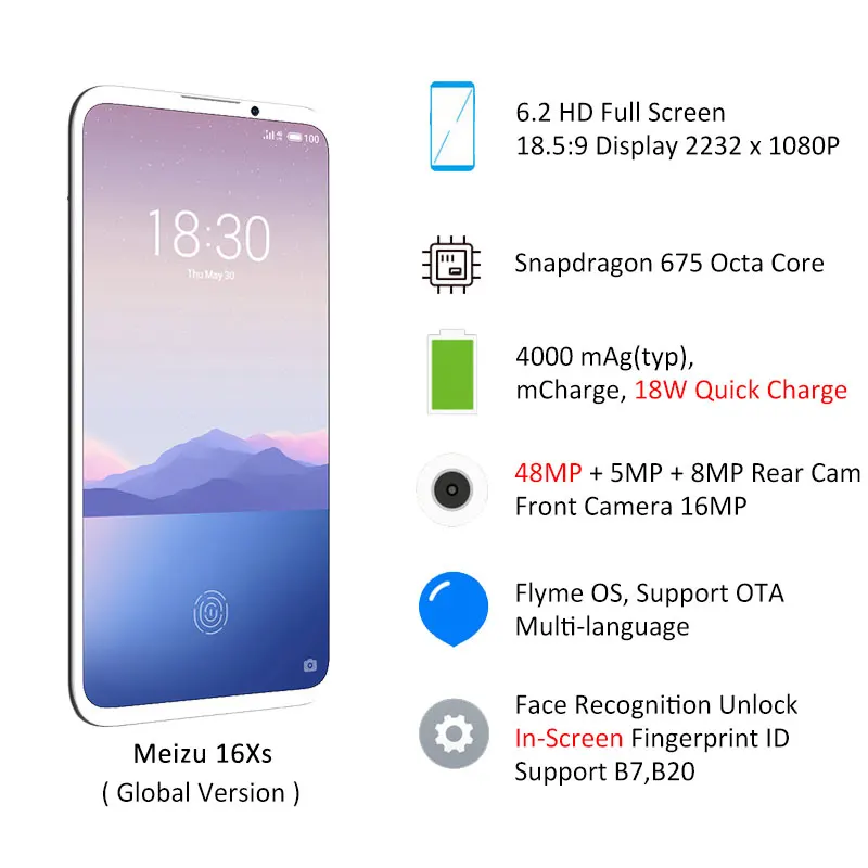 Meizu 16XS с глобальной прошивкой, 6 ГБ ОЗУ, 16 XS, Смартфон Snapdragon 675, 6,2 дюймов, 48 МП, тройная камера AI, фронтальная 16 МП, 4000 мА/ч, gps, Wi-Fi