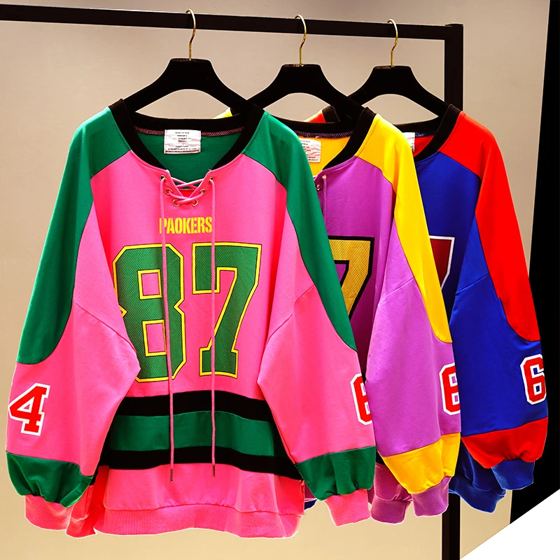 Korean Fashion Girl Student Number Print Hoodies BF Design Color Block Spliced Sweatshirts V Neck Plus Size Loose Pullovers Coat | Женская