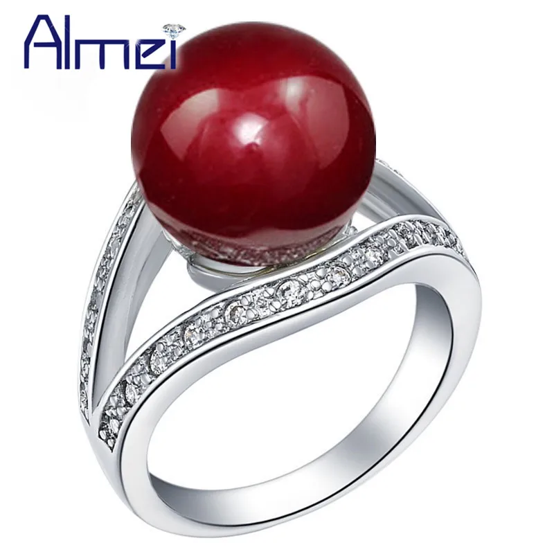 

49% off Dropshipping USA Sale Simulated Pearl Ring For Women Jewelry Silver Color Rings Jewelery Red Bague Femme Black J381