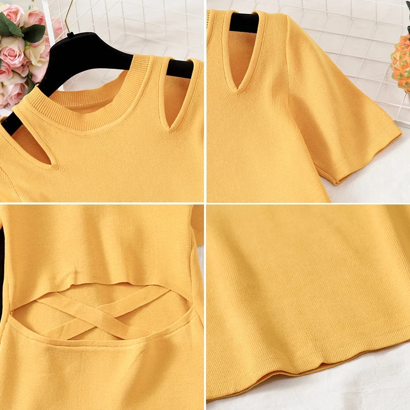 Women knitted cotton mini dress 2019 summer autumn fashion female elastic short sleeve backless sheath skinny sexy club | Женская одежда